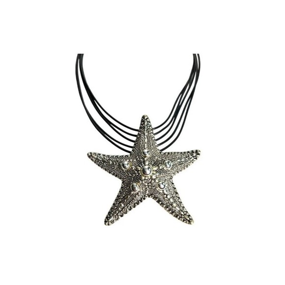 Vintage Pewter and Leather 16" Starfish Necklace Stylized Knobby Sea Star - Picture 2 of 5